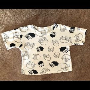 White top with dark blue owls on it